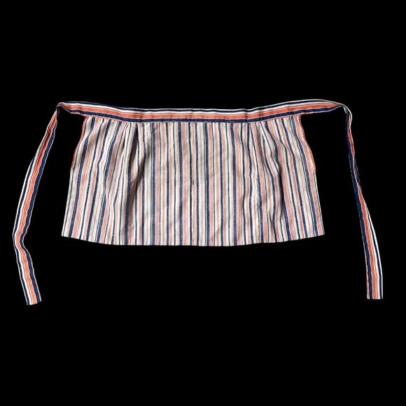 Vintage Handmade Apron Multiple Pockets Striped Blue Orange Smock Tie Back - Picture 3 of 7